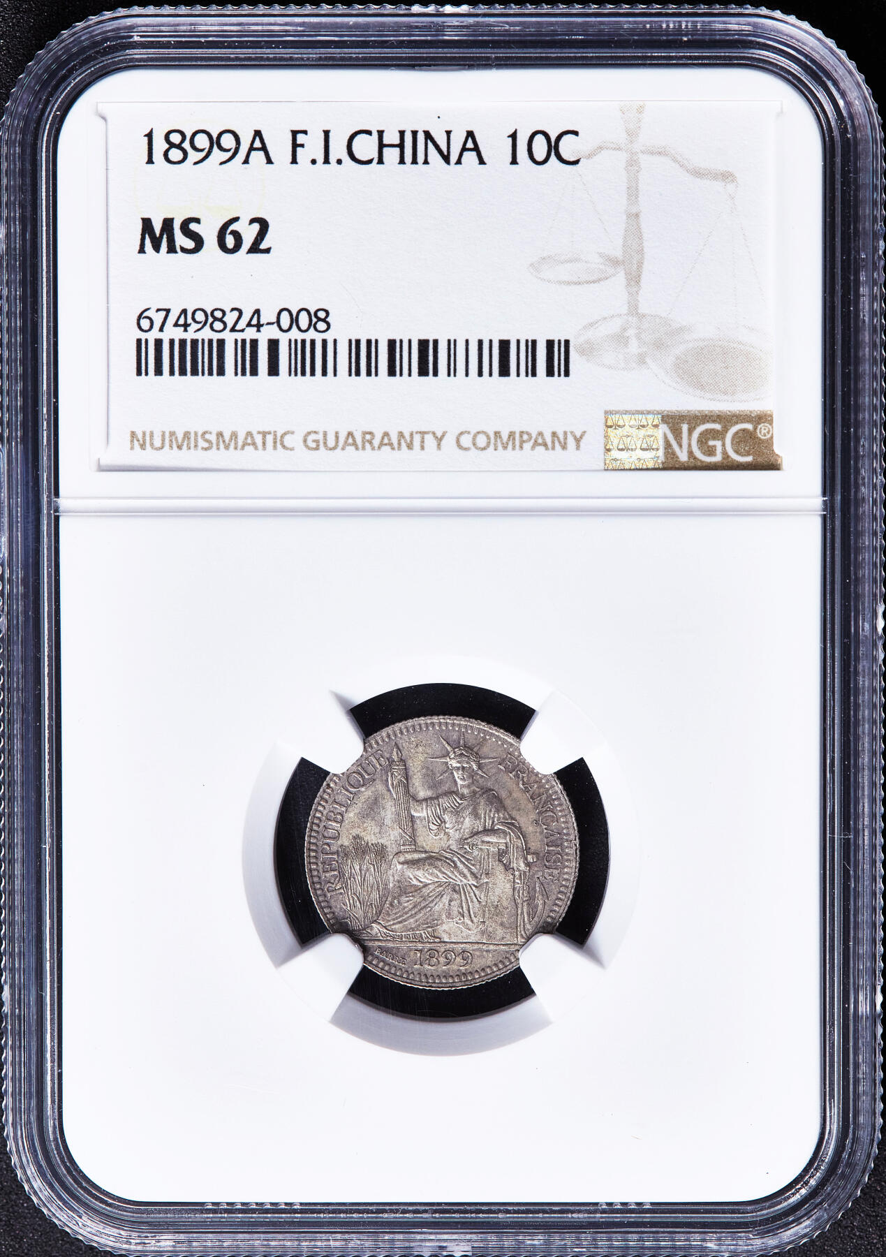 【俄甄集藏】满园春色-2026年(051)04-22星期三 晚 19:30 全场包邮 法属印度支那1899年坐洋10分银币，NGC MS62，黄油彩老包浆，底光犹存，早期高银版MS难得