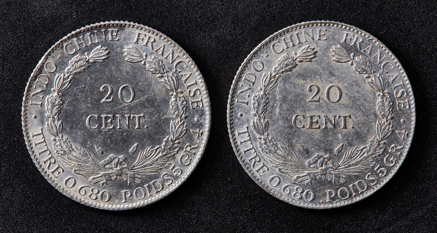 【俄甄集藏】满园春色-2026年(051)04-22星期三 晚 19:30 全场包邮 法属印度支那1937年坐洋20分银币一对，底光犹存