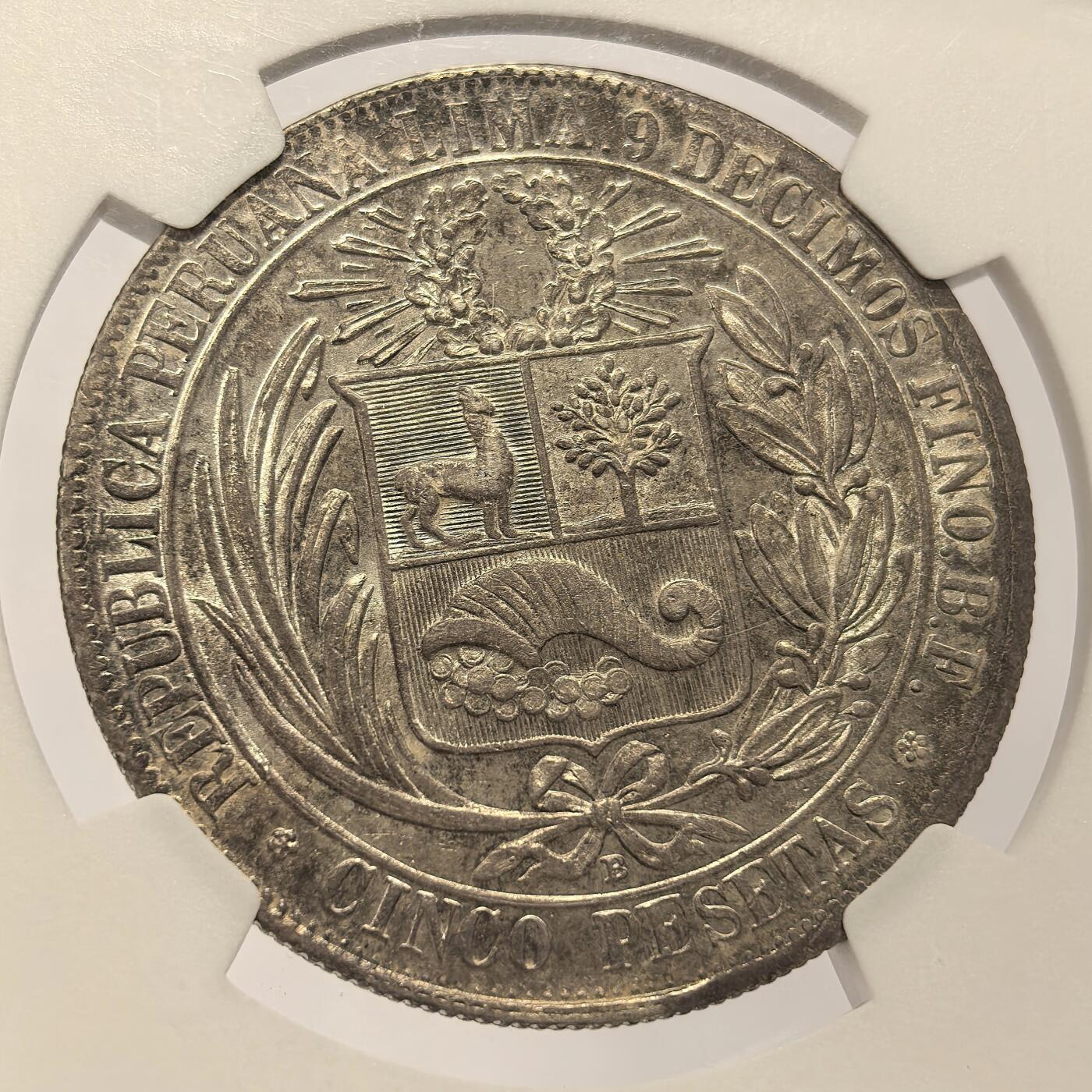 博洋堂世界钱币拍卖第168期（全场包邮） NGC MS62 秘鲁1880年临时政府谷物女神5比塞塔银币 无点版