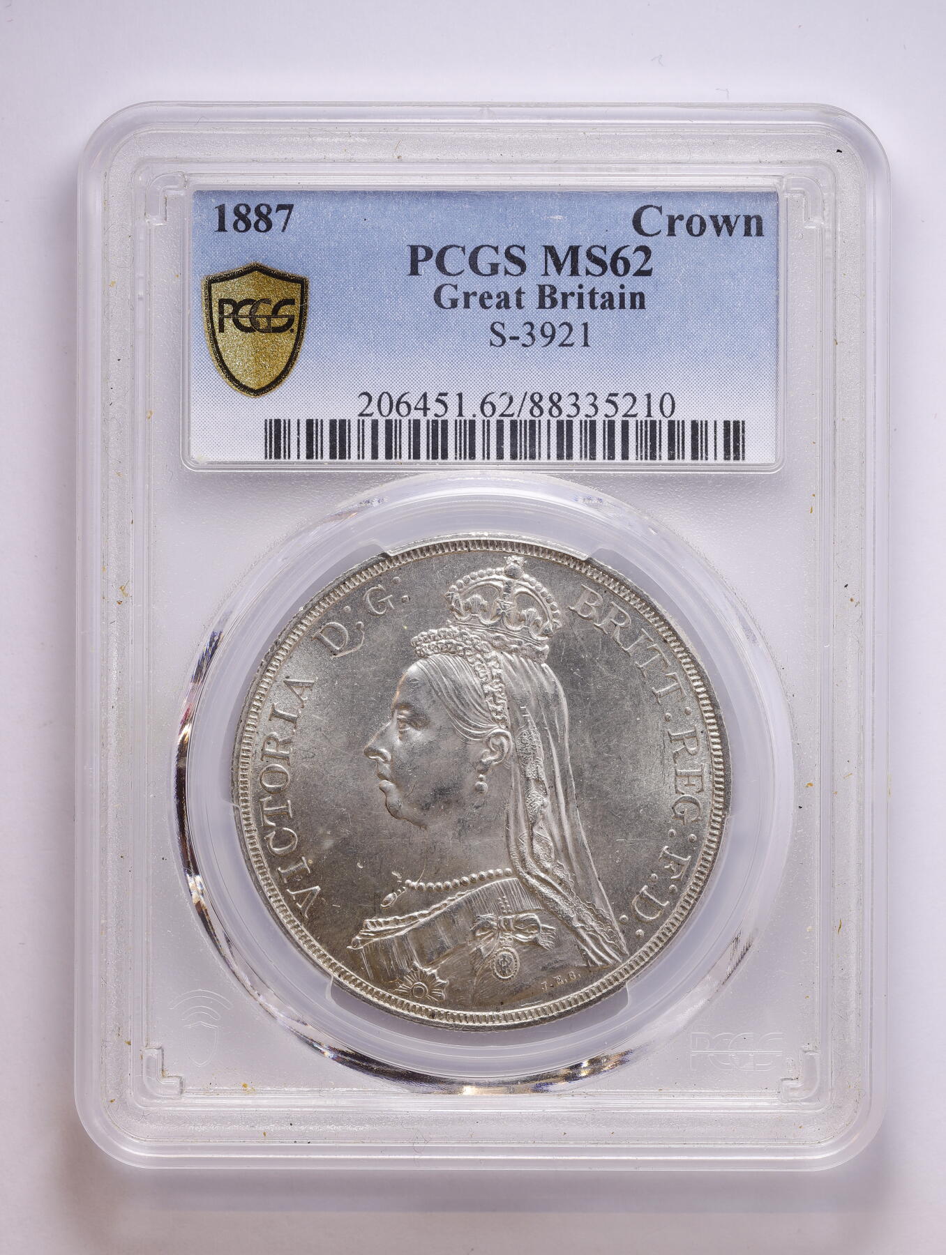 观钱 近现代机制币拍卖No.008（全场顺丰包邮，不区分偏远地区）  1887 年英国大不列颠维多利亚女王禧年头像（高冠马剑） 1 克朗（Crown）银币 PCGS MS62（版别 S-3921）