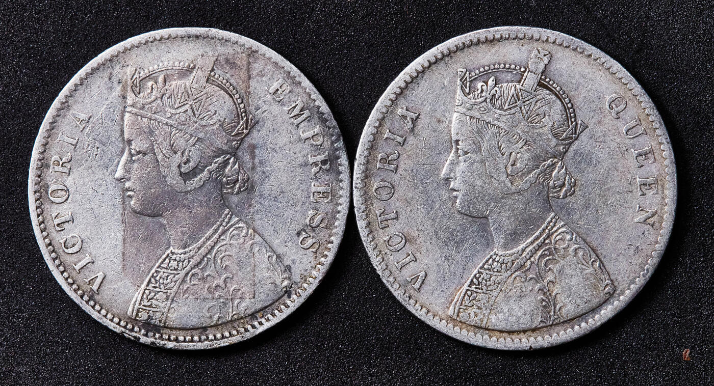 【俄甄集藏】满园春色-2026年(051)04-22星期三 晚 19:30 全场包邮 英属印度1862/1883年维多利亚高冠版1卢比银币2枚一对