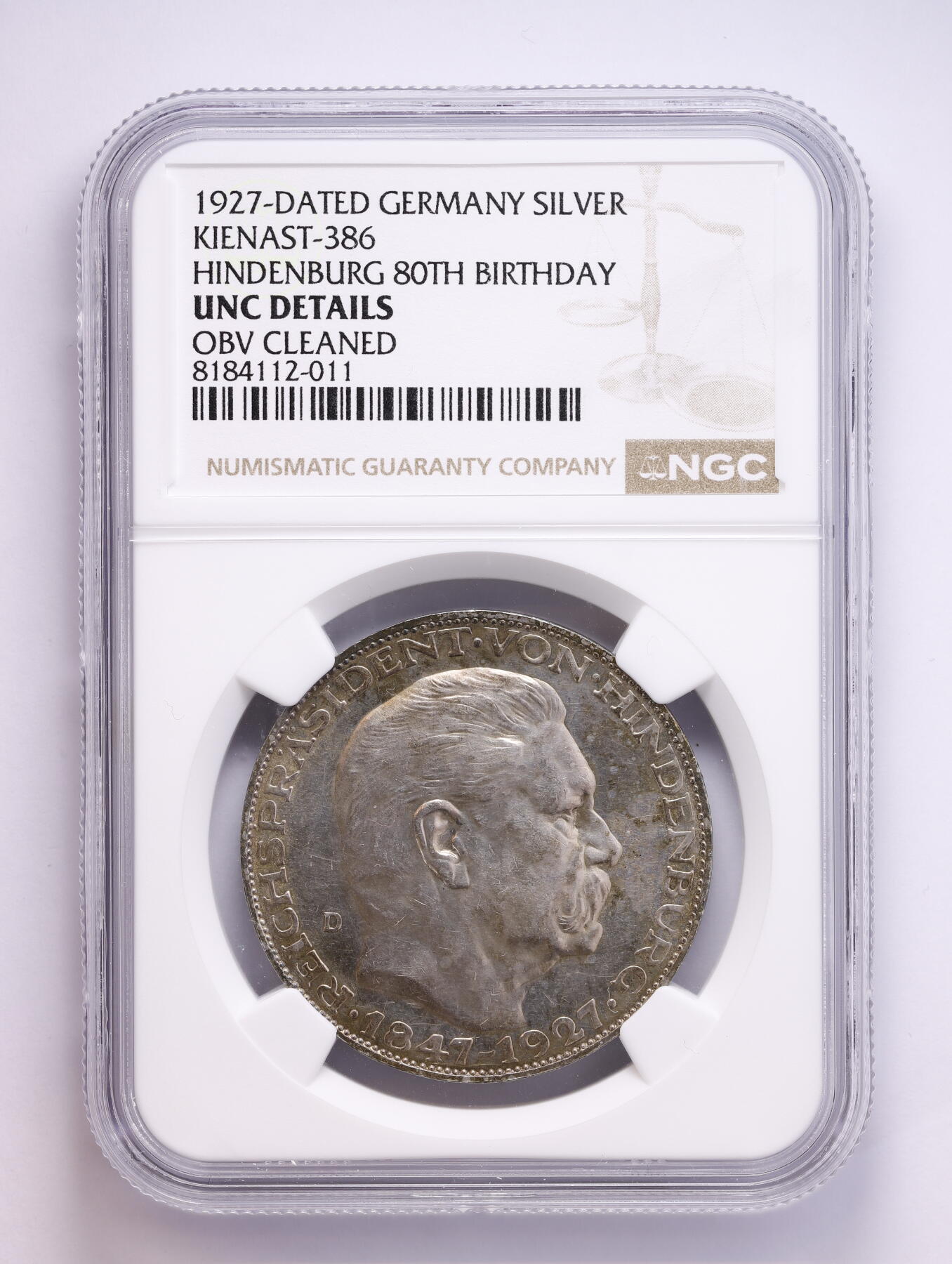 观钱 近现代机制币拍卖No.008（全场顺丰包邮，不区分偏远地区）  1927 年德国魏玛共和国 卡尔・戈茨（Karl Goetz）兴登堡总统 80 岁诞辰纪念银章（KIENAST-386） NGC UNC92 传奇币章雕刻大师卡尔・戈茨（Karl Goetz）作品，淡金彩，镜面底板