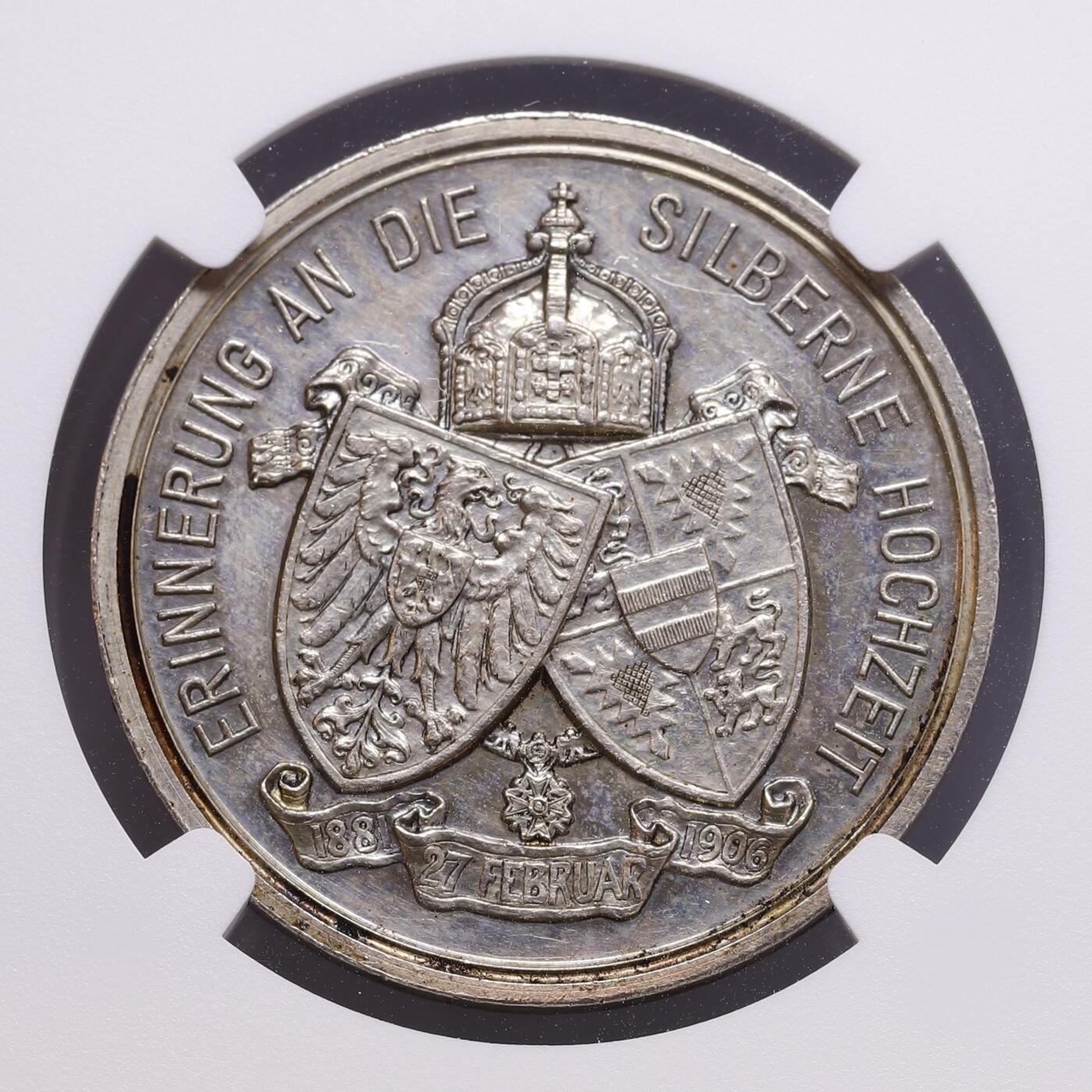 观钱 近现代机制币拍卖No.008（全场顺丰包邮，不区分偏远地区）  1906 年德国德意志第二帝国威廉二世与奥古斯塔皇后银婚纪念银章 NGC MS61 浮雕工艺雕刻精湛，背面以双王室盾徽精美