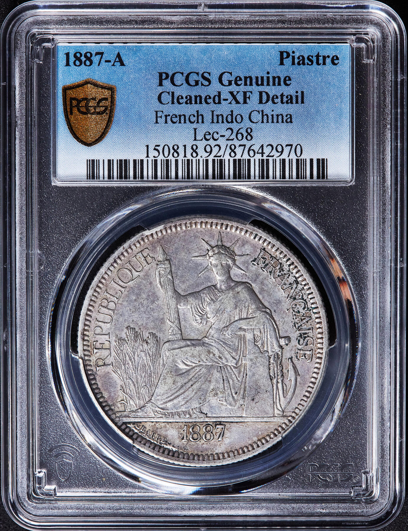 【俄甄集藏】满园春色-2026年(051)04-22星期三 晚 19:30 全场包邮 法属印度支那1887年1皮阿斯特加重坐洋大银币，PCGS XFD，原味包浆