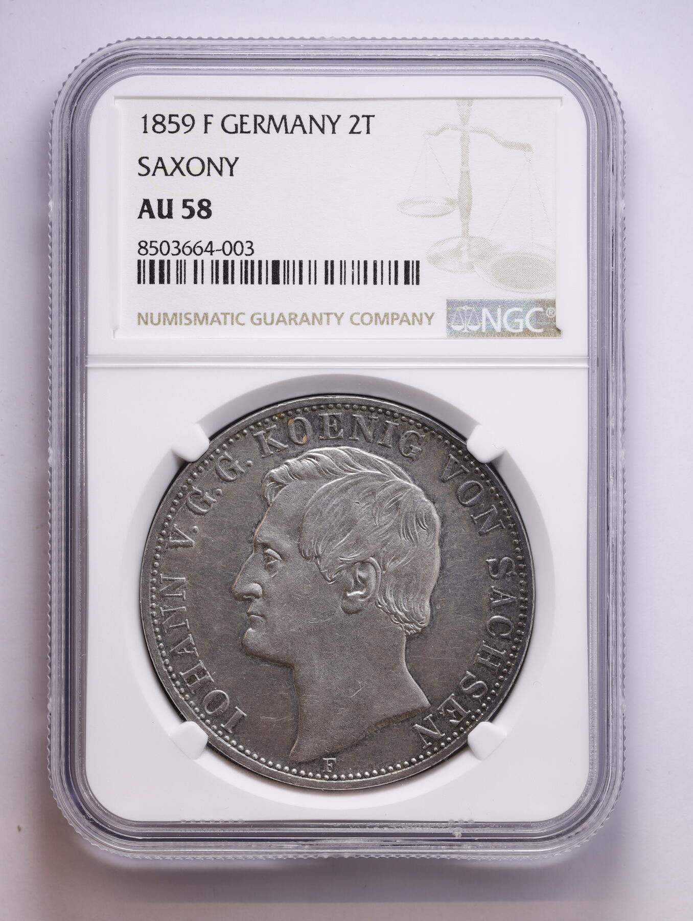 观钱 近现代机制币拍卖No.008（全场顺丰包邮，不区分偏远地区）  1859 年 F 厂 德国萨克森王国 约翰一世 2 泰勒（2T）大银币 NGC AU58