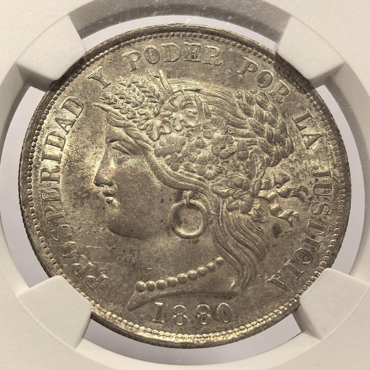 博洋堂世界钱币拍卖第168期（全场包邮） NGC MS62 秘鲁1880年临时政府谷物女神5比塞塔银币 无点版