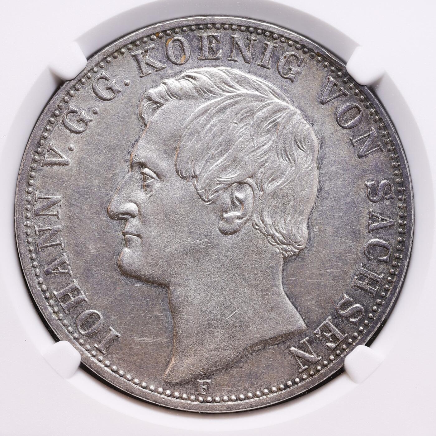 观钱 近现代机制币拍卖No.008（全场顺丰包邮，不区分偏远地区）  1859 年 F 厂 德国萨克森王国 约翰一世 2 泰勒（2T）大银币 NGC AU58