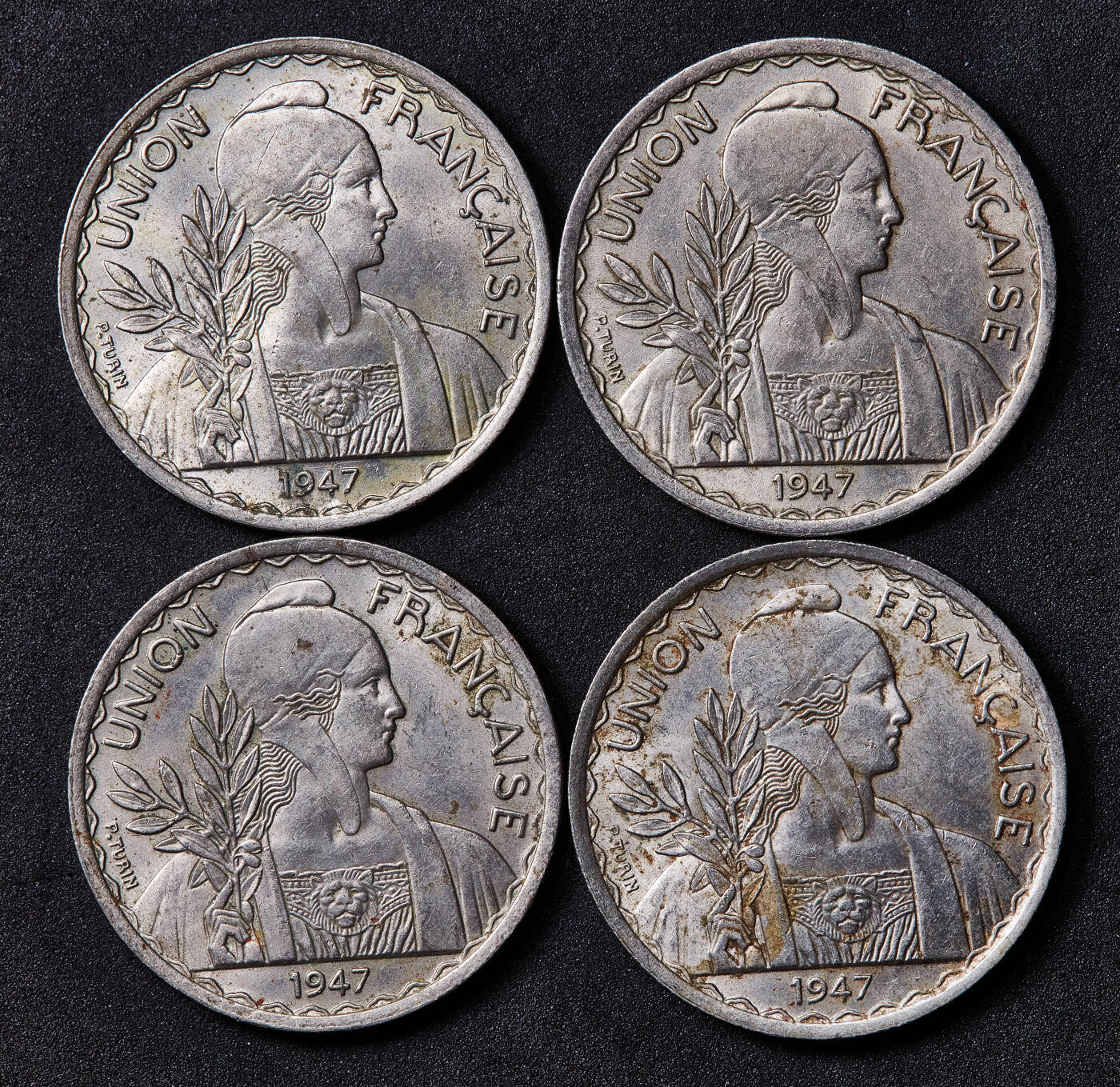 【俄甄集藏】满园春色-2026年(051)04-22星期三 晚 19:30 全场包邮 法属印度支那1947年1皮阿斯特镍币齿边版4枚一组，原光品相