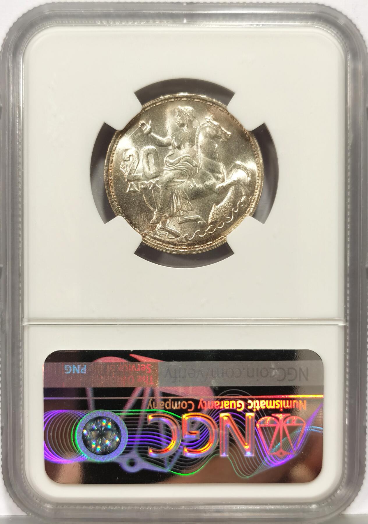 博洋堂世界钱币拍卖第168期（全场包邮） NGC MS66 希腊1965年20D银币，背面女神构图美轮美奂，克劳斯书价极高