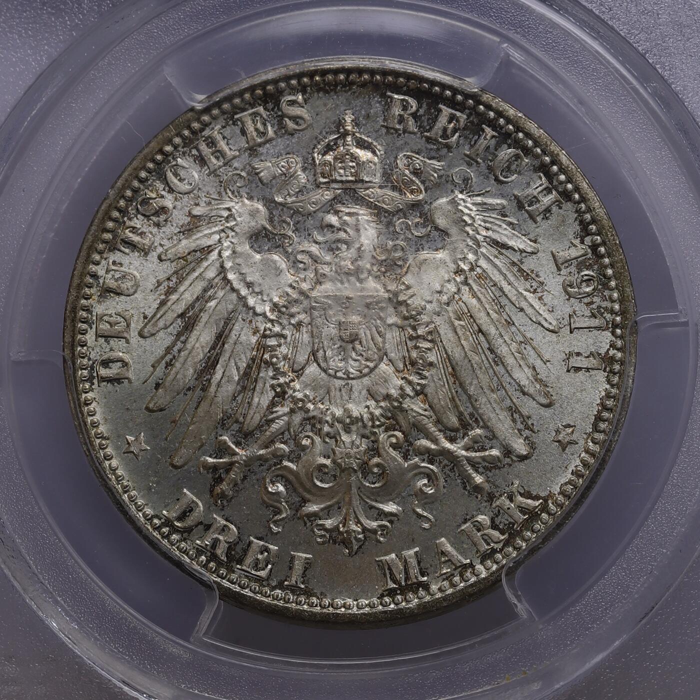 观钱 近现代机制币拍卖No.008（全场顺丰包邮，不区分偏远地区）  1911-D 德国巴伐利亚王国 利奥波德摄政王诞辰 90 周年纪念 3 马克银币 PCGS MS66 未流通状态底板完美、淡蓝包浆，肖像细节锐利，盒子保护圈有磕，介意勿拍