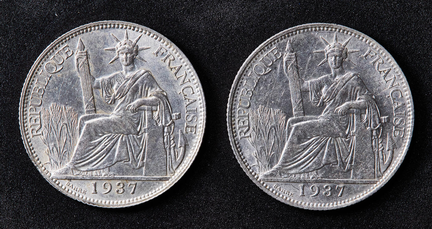 【俄甄集藏】满园春色-2026年(051)04-22星期三 晚 19:30 全场包邮 法属印度支那1937年坐洋20分银币一对，底光犹存