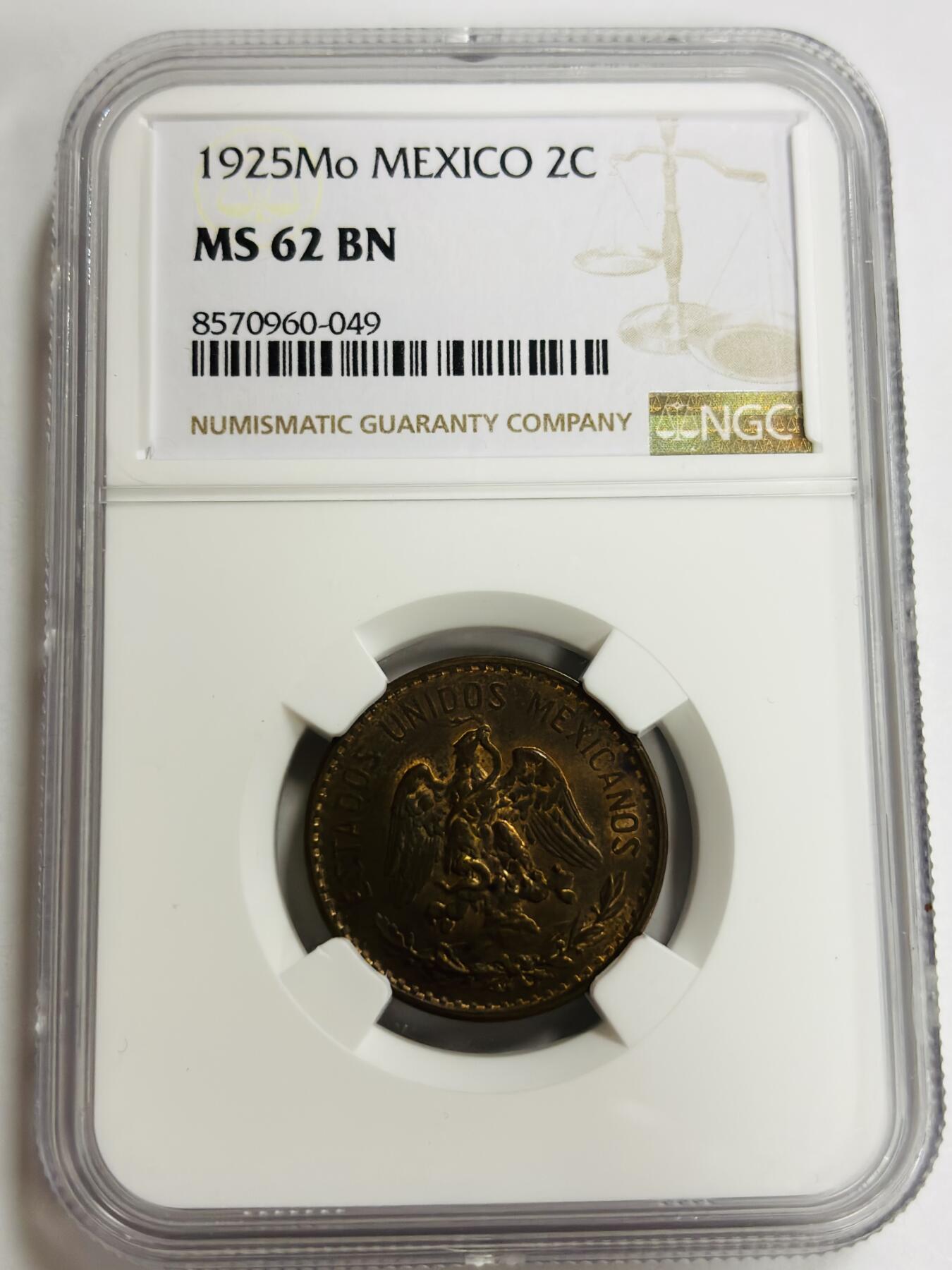 文馨钱币收藏第 300 场，银币，散币，小量德占比利时时期货币，长期接代拍业务 NGC MS62 BN1925 年墨西哥 2 分铜币，原铜光满状态，不可多得的品相
