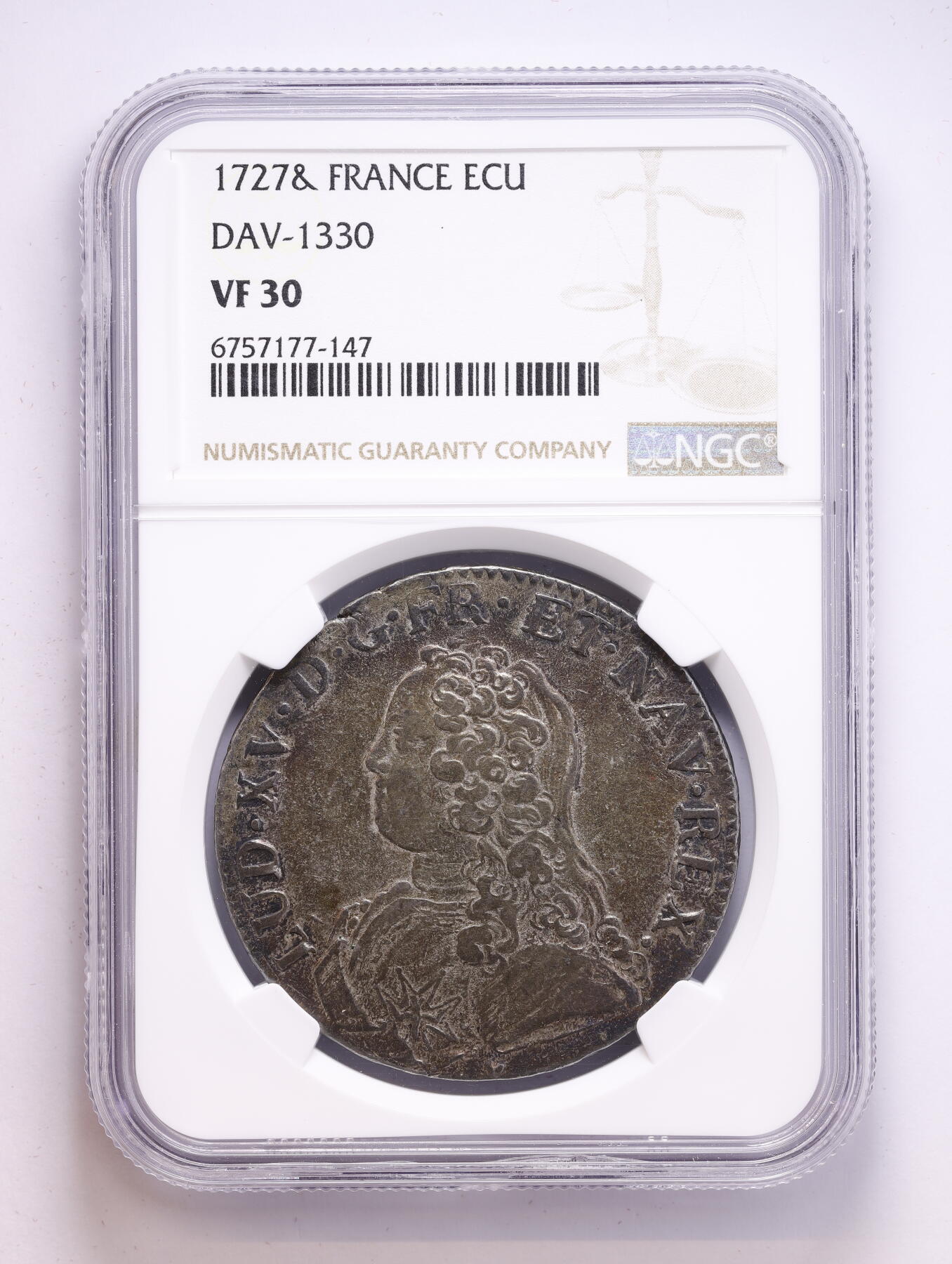 观钱 近现代机制币拍卖No.008（全场顺丰包邮，不区分偏远地区）  1727 年法国波旁王朝“宠儿路易” 路易十五埃居（Ecu）银币 NGC VF30