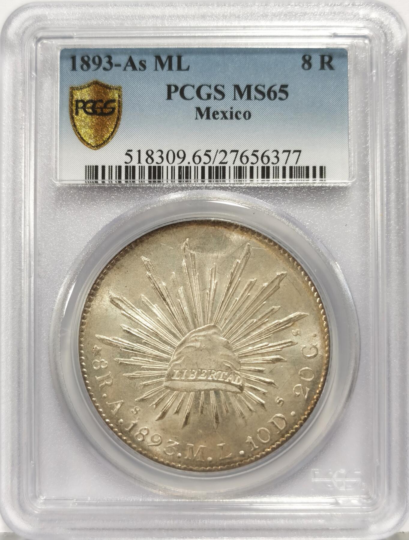 博洋堂世界钱币拍卖第168期（全场包邮） PCGS MS65 墨西哥1893年AS ML版花边鹰洋，少见厂别，老金盾盒，分数严评，包浆醇厚，品相所见最美