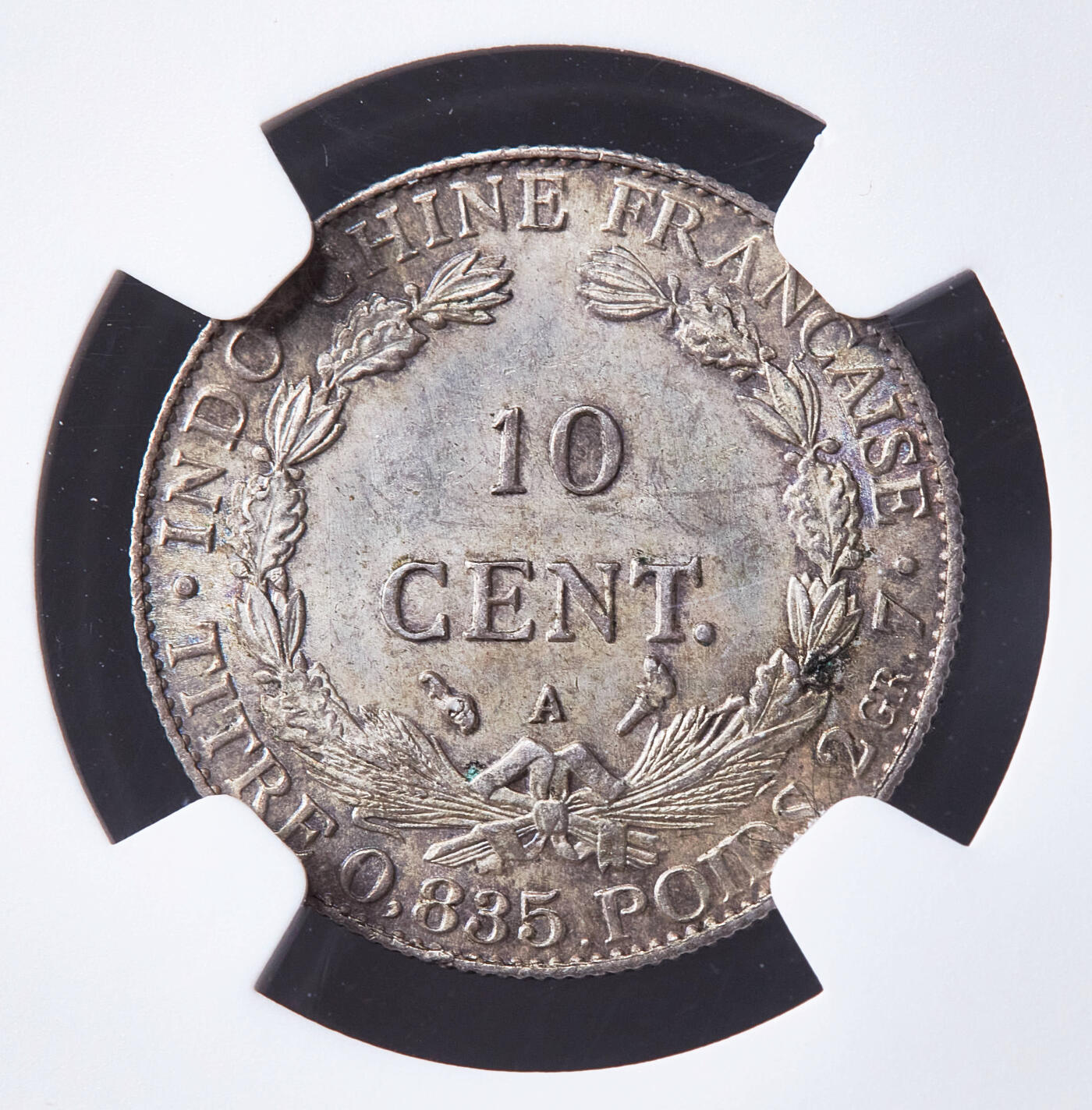 【俄甄集藏】满园春色-2026年(051)04-22星期三 晚 19:30 全场包邮 法属印度支那1899年坐洋10分银币，NGC MS62，黄油彩老包浆，底光犹存，早期高银版MS难得