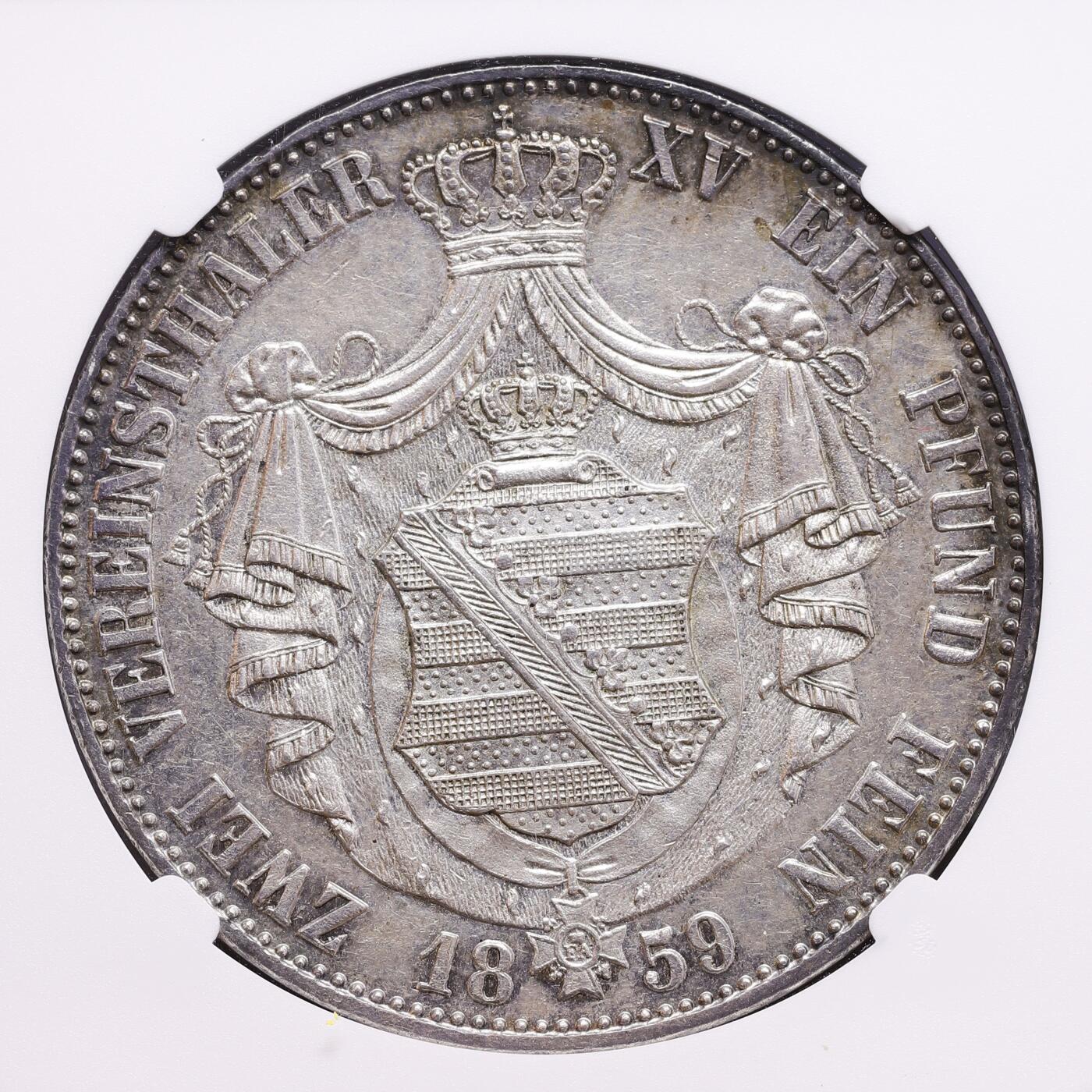 观钱 近现代机制币拍卖No.008（全场顺丰包邮，不区分偏远地区）  1859 年 F 厂 德国萨克森王国 约翰一世 2 泰勒（2T）大银币 NGC AU58