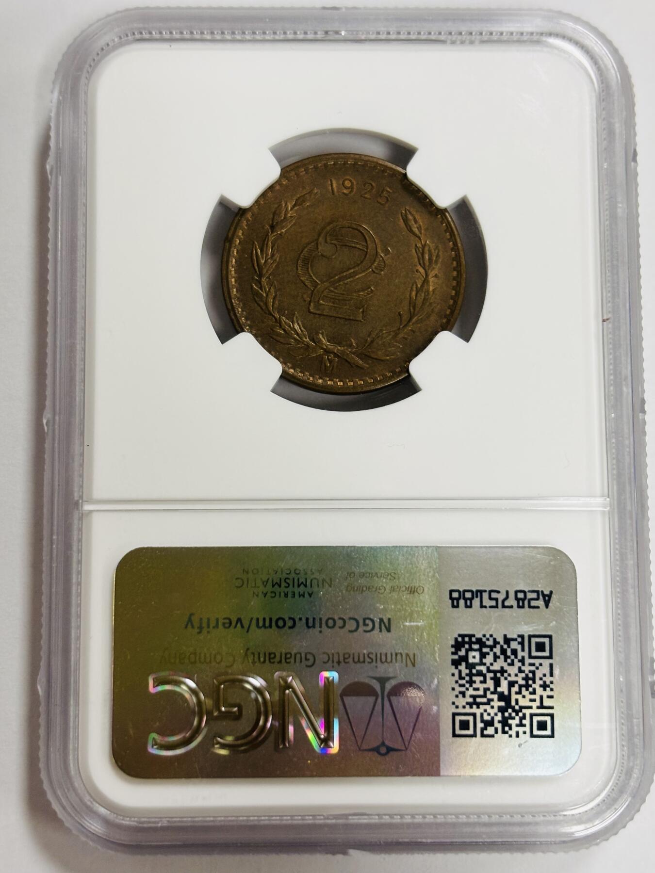 文馨钱币收藏第 300 场，银币，散币，小量德占比利时时期货币，长期接代拍业务 NGC MS62 BN1925 年墨西哥 2 分铜币，原铜光满状态，不可多得的品相
