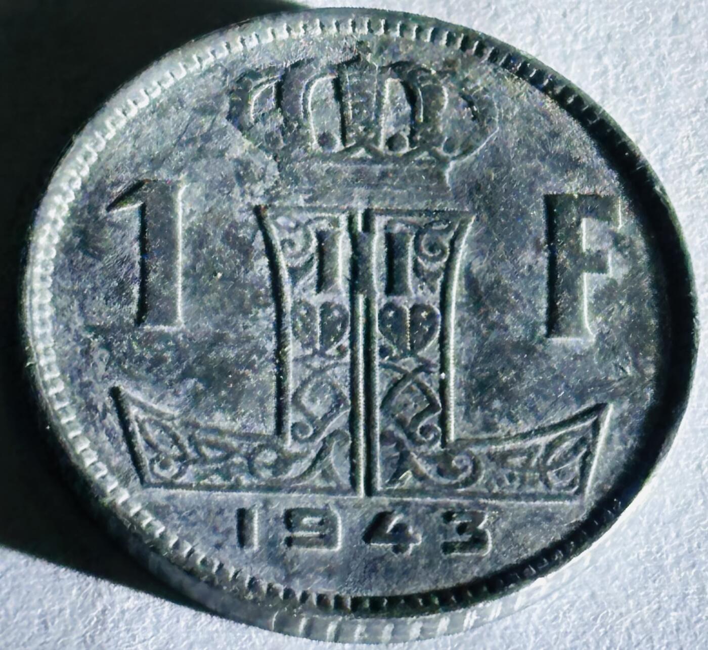 文馨钱币收藏第 300 场，银币，散币，小量德占比利时时期货币，长期接代拍业务 少见好品 1943 年二战时期德占领比利时利奥波德三世时期 1 法郎锌币，第四版本，箭头在左
