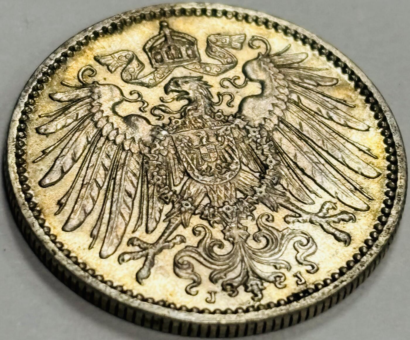 文馨钱币收藏第 300 场，银币，散币，小量德占比利时时期货币，长期接代拍业务 少见原光好品 1915 面德意志帝国长翅鹰 1 马克银币 J 厂（汉堡铸造厂）细节完美 5.55 克 900 银