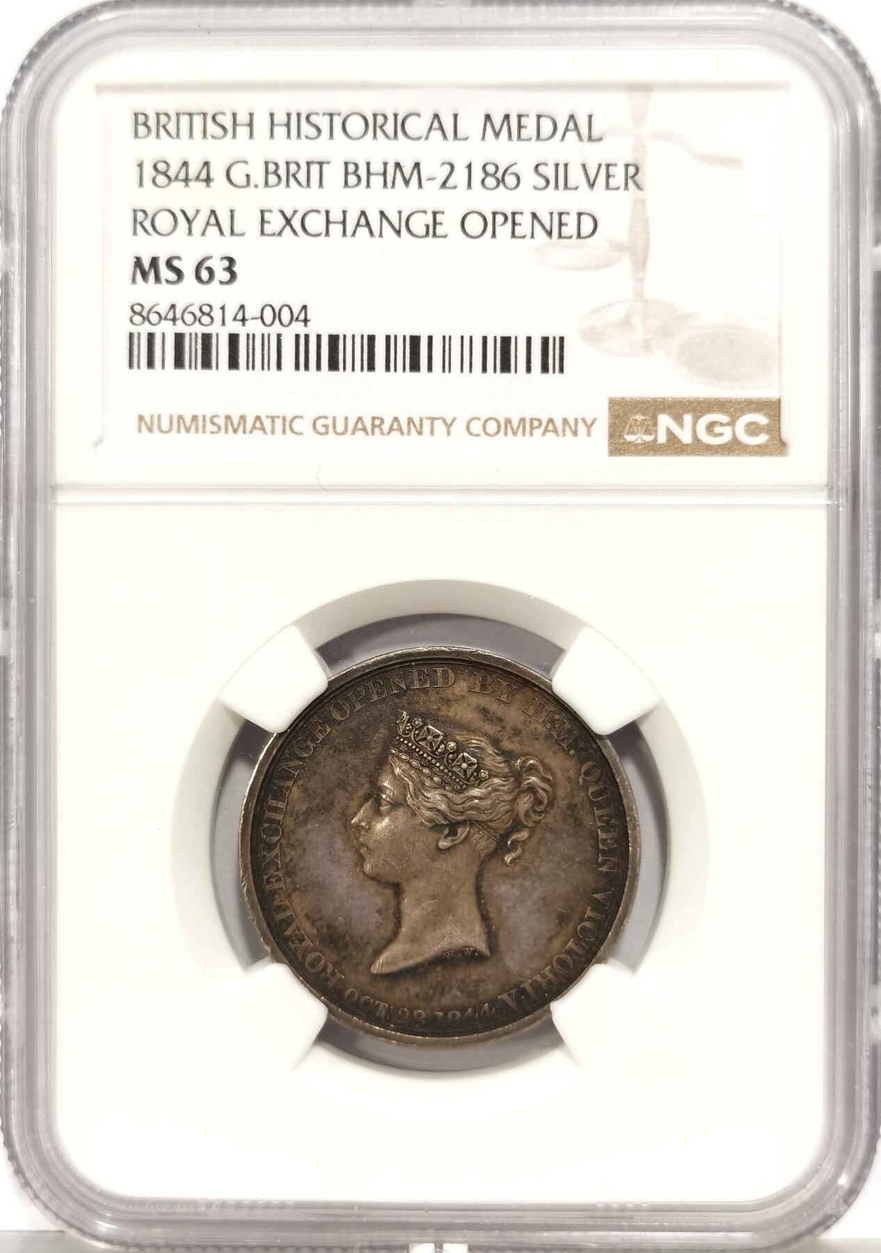 博洋堂世界钱币拍卖第168期（全场包邮） NGC MS63 英国1844年皇家交易所重建开放纪念银章，原建筑1838年被大火烧毁，背面记录了1842年由阿尔伯特亲王奠基的日期，1844年由维多利亚女王主持重新向公众开放