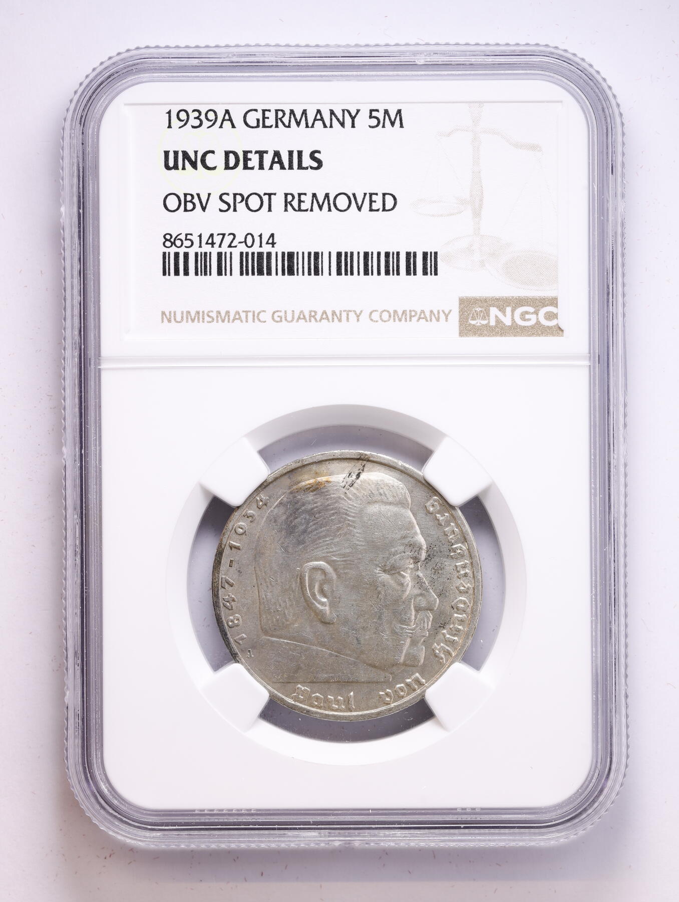 观钱 近现代机制币拍卖No.008（全场顺丰包邮，不区分偏远地区）  1939 年 A 版德国（第三帝国）保罗・冯・兴登堡 5 马克银币 NGC UNC Details