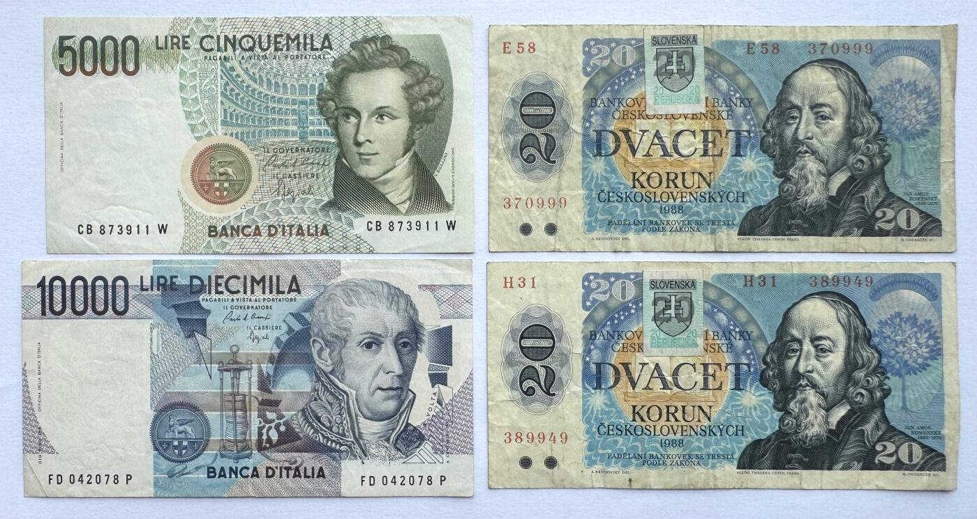 2026第7场（总第234期）：精品外钞、塑料钞、测试钞综合场  捷克斯洛伐克1988年版20克朗+ 意大利1985年版5000、10000里拉一组4枚（旧品如图）