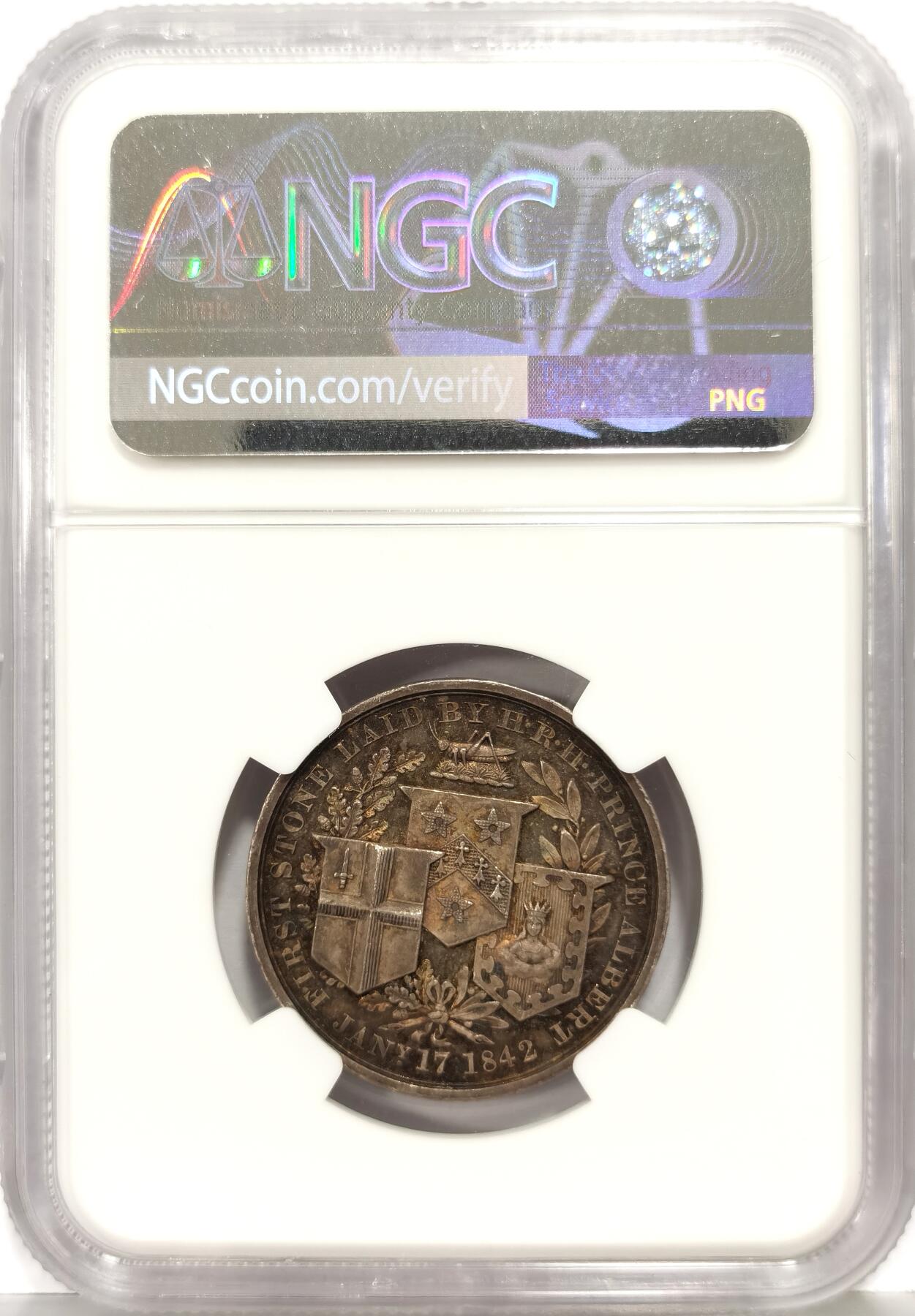 博洋堂世界钱币拍卖第168期（全场包邮） NGC MS63 英国1844年皇家交易所重建开放纪念银章，原建筑1838年被大火烧毁，背面记录了1842年由阿尔伯特亲王奠基的日期，1844年由维多利亚女王主持重新向公众开放