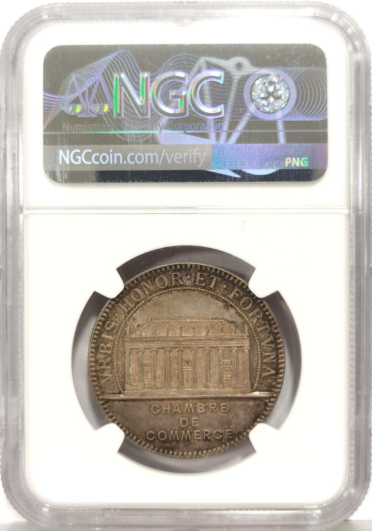 博洋堂世界钱币拍卖第168期（全场包邮） NGC MS64 法国1880年南特商会代币，极其精美的商贸海景和商会主建筑风景构图。