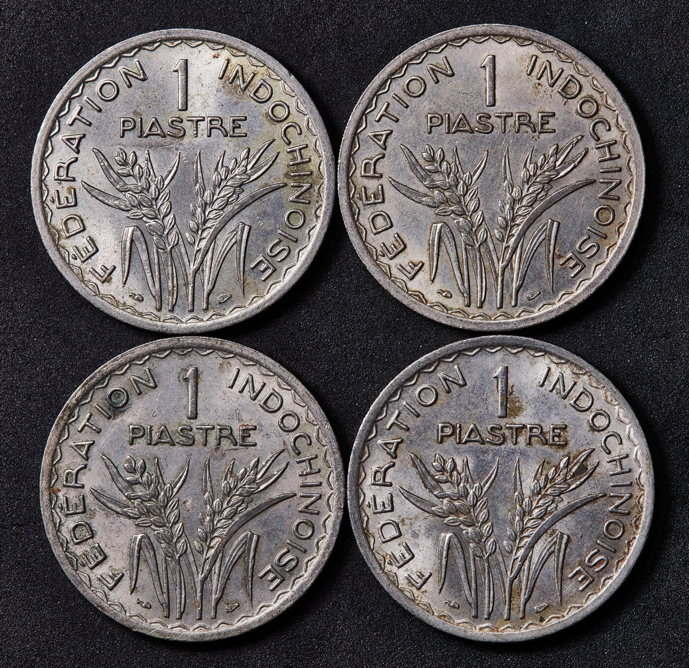 【俄甄集藏】满园春色-2026年(051)04-22星期三 晚 19:30 全场包邮 法属印度支那1947年1皮阿斯特镍币齿边版4枚一组，原光品相