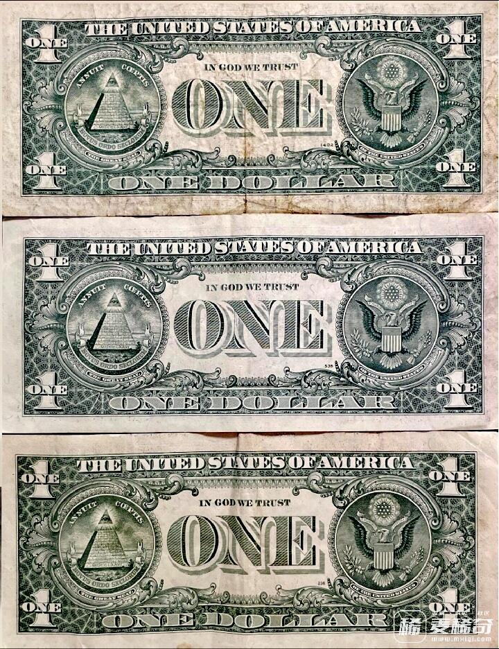 美国1969、85、95年1美元纸币3枚一组