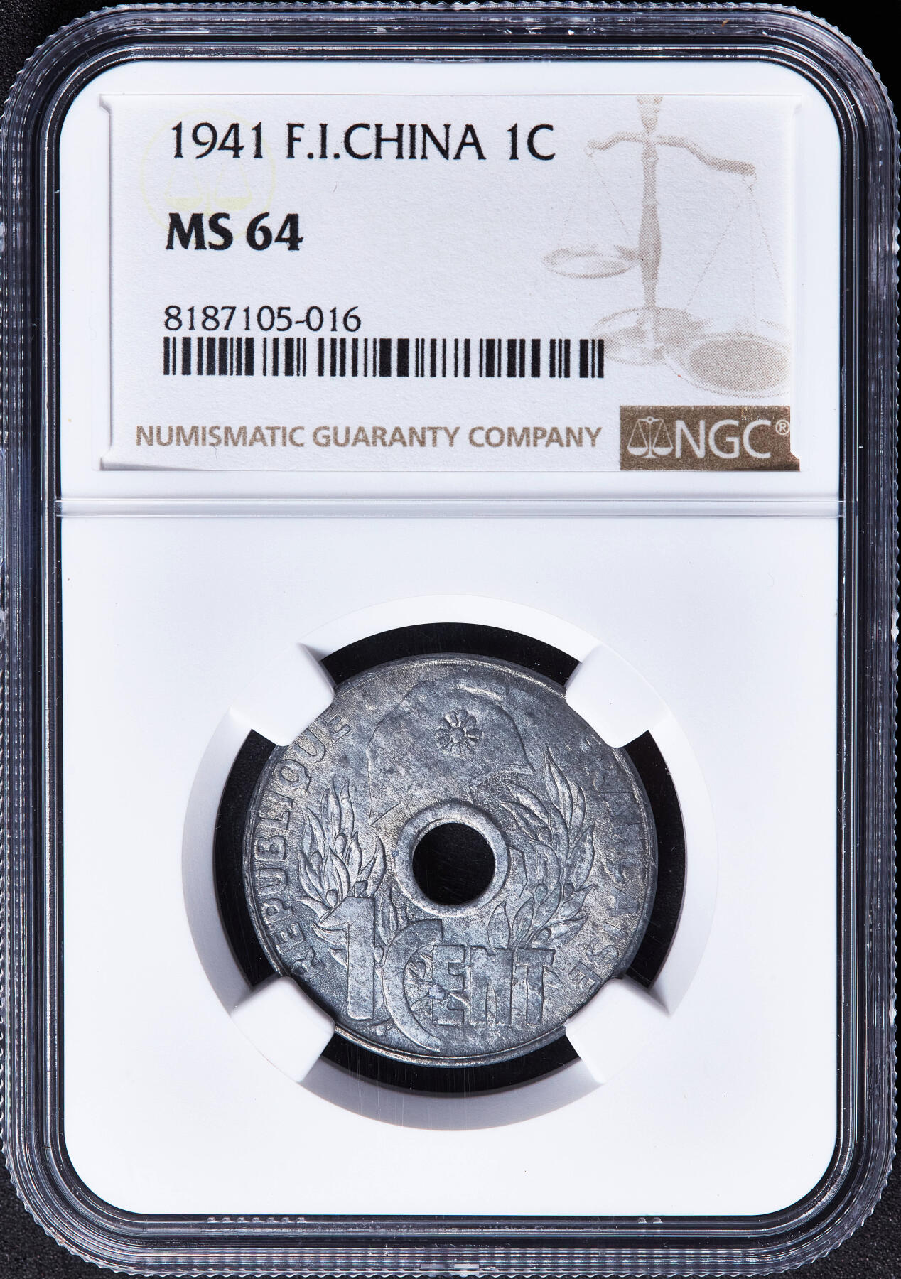 【俄甄集藏】满园春色-2026年(051)04-22星期三 晚 19:30 全场包邮 法属印度支那1941年帽圈版中孔1分锌币，NGC MS64，MS状态难得，底光犹存