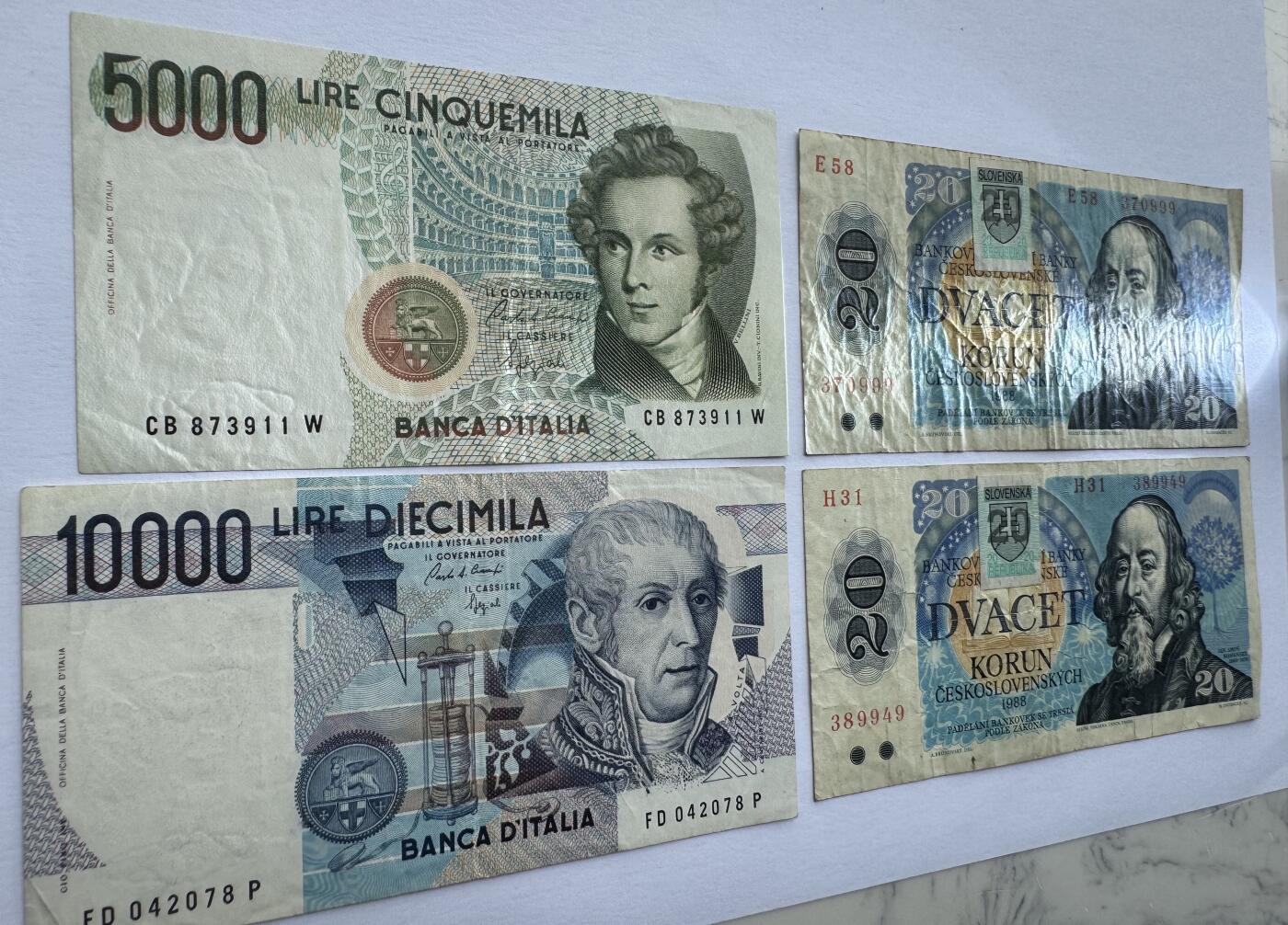 2026第7场（总第234期）：精品外钞、塑料钞、测试钞综合场  捷克斯洛伐克1988年版20克朗+ 意大利1985年版5000、10000里拉一组4枚（旧品如图）