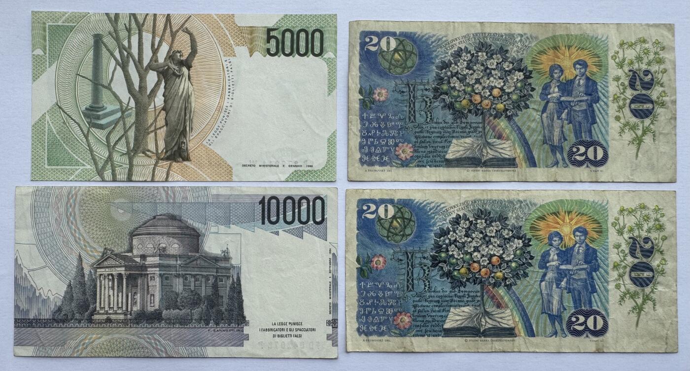 2026第7场（总第234期）：精品外钞、塑料钞、测试钞综合场  捷克斯洛伐克1988年版20克朗+ 意大利1985年版5000、10000里拉一组4枚（旧品如图）