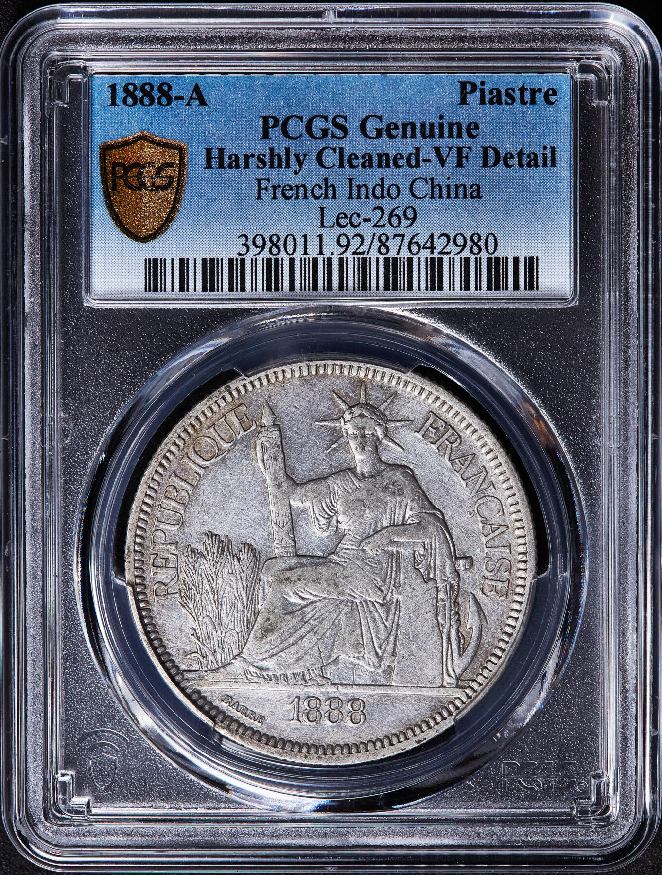 【俄甄集藏】满园春色-2026年(051)04-22星期三 晚 19:30 全场包邮 法属印度支那1888年1皮阿斯特加重坐洋大银币，PCGS VFD，原味包浆