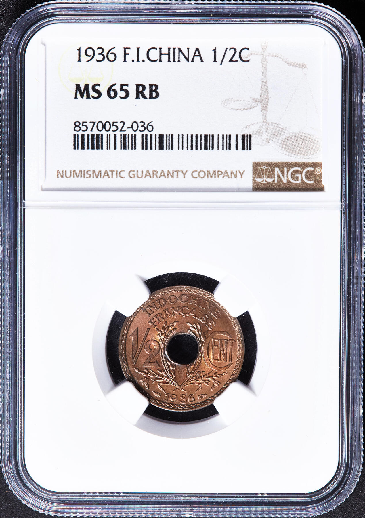 【俄甄集藏】满园春色-2026年(051)04-22星期三 晚 19:30 全场包邮 法属印度支那1936年中孔1/2分铜币，NGC MS65RB，原铜光转品相，顶级状态
