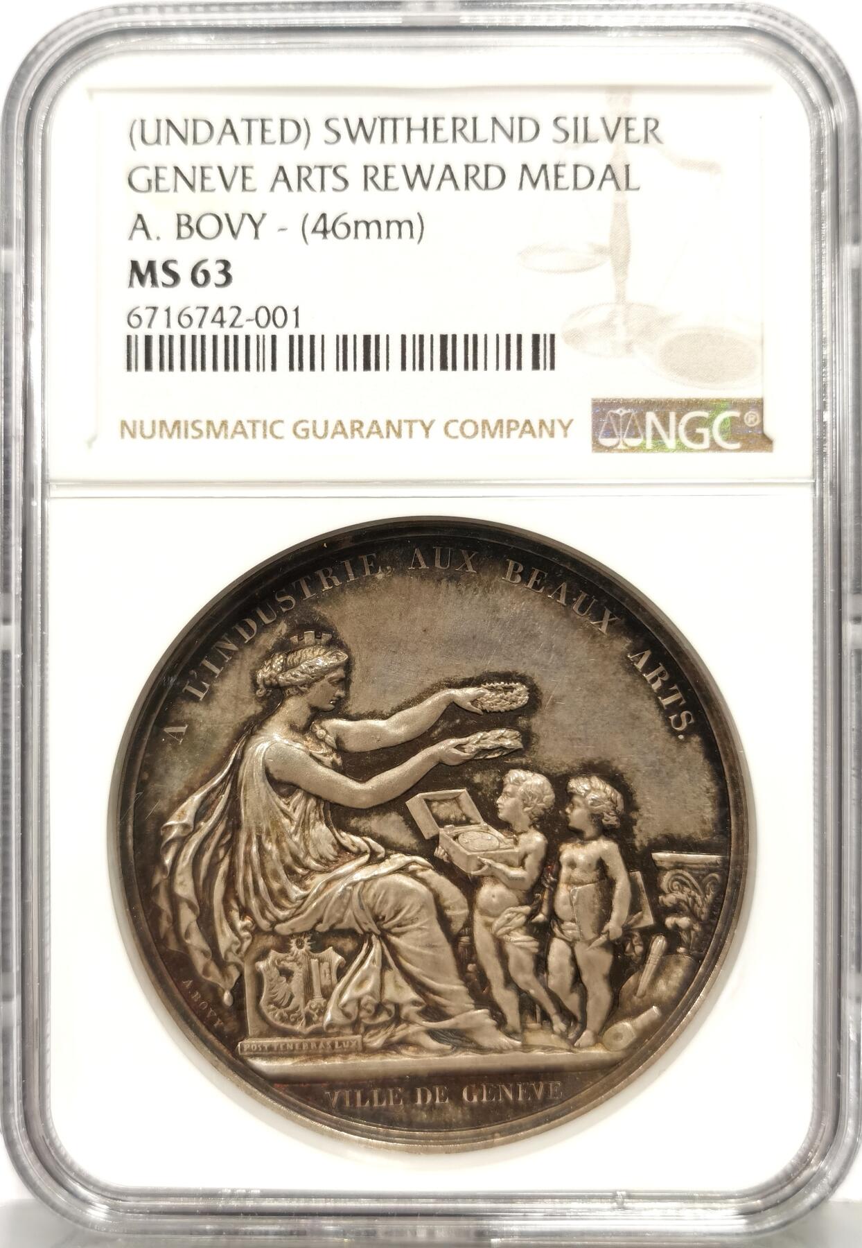博洋堂世界钱币拍卖第168期（全场包邮） NGC MS63 瑞士美术学院1890年左右颁发大银章，46mm大尺寸！小盒子能入盒的最大尺寸了（其实应该配加大盒了，46尺寸币章往往由于体积过大导致币斜放）