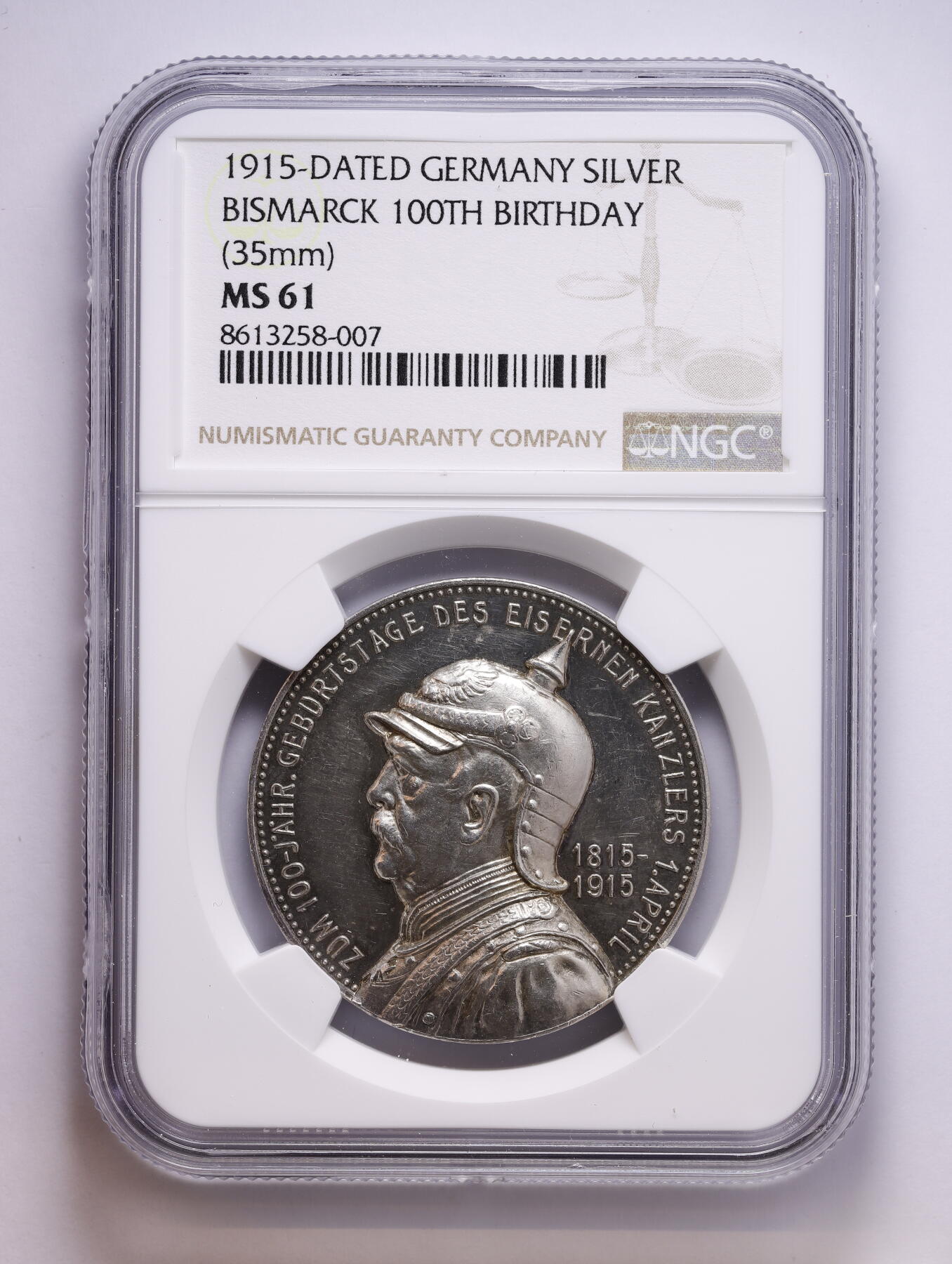 观钱 近现代机制币拍卖No.008（全场顺丰包邮，不区分偏远地区）  1915 年德国德意志第二帝国 奥托・冯・俾斯麦诞辰 100 周年纪念银章 NGC MS61