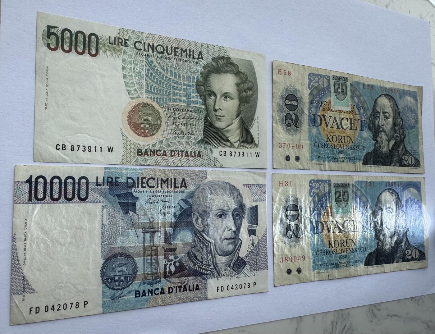 2026第7场（总第234期）：精品外钞、塑料钞、测试钞综合场  捷克斯洛伐克1988年版20克朗+ 意大利1985年版5000、10000里拉一组4枚（旧品如图）