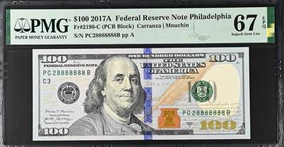 世界靓号纸钞第八十三期 - 2017年美国100美元 超级靓号 全程无3457 全偶数 麒麟号8888888 PMG67 冠军分！！！非常难得一见的一张美元钞