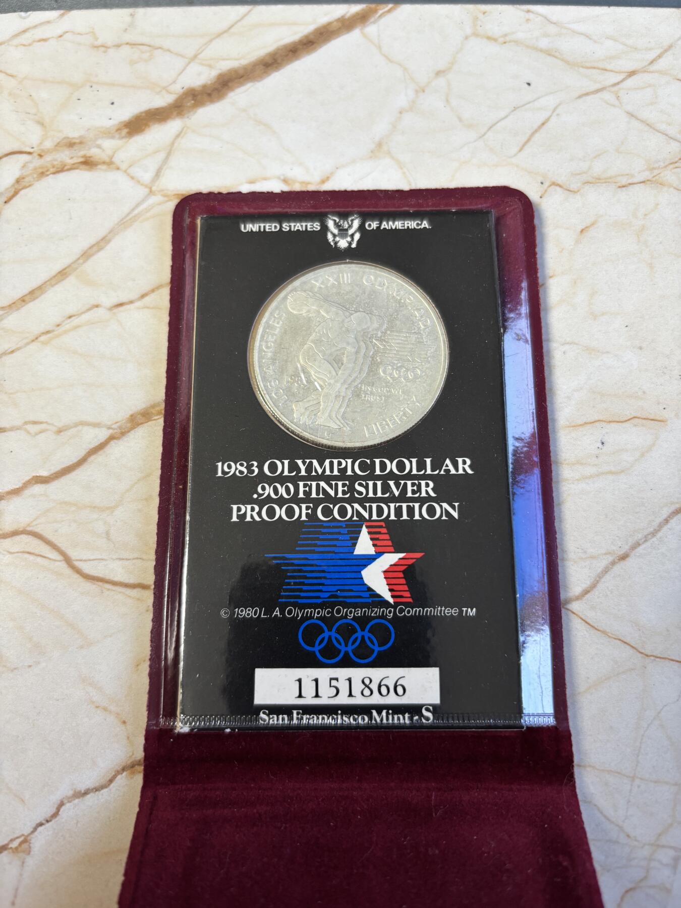 第197期拍卖 美国1983年1元精制银币（S版） 洛杉矶奥运会系列-掷铁饼 卡装26.72克900银