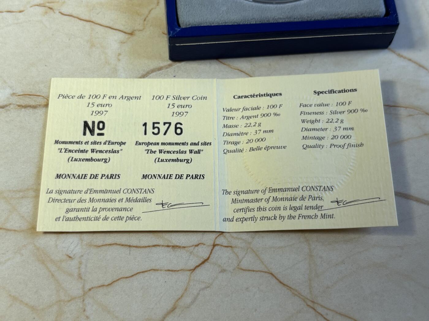 第197期拍卖 法国1997年100法郎/15欧元双面值精制银币 瓦茨拉夫城墙(卢森堡) 22.2克900银 发行量：2万 盒证全