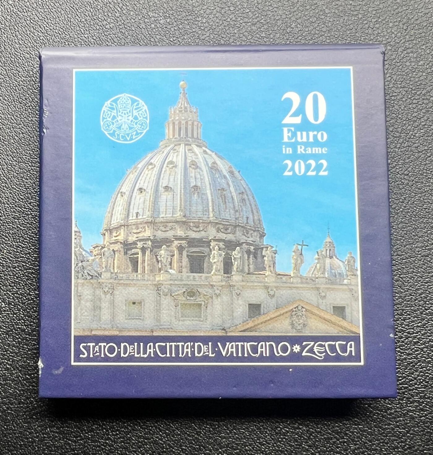 2022 年梵蒂冈方济各教皇 20 欧元铜质纪念币 圣彼得大教堂穹顶 原盒全新