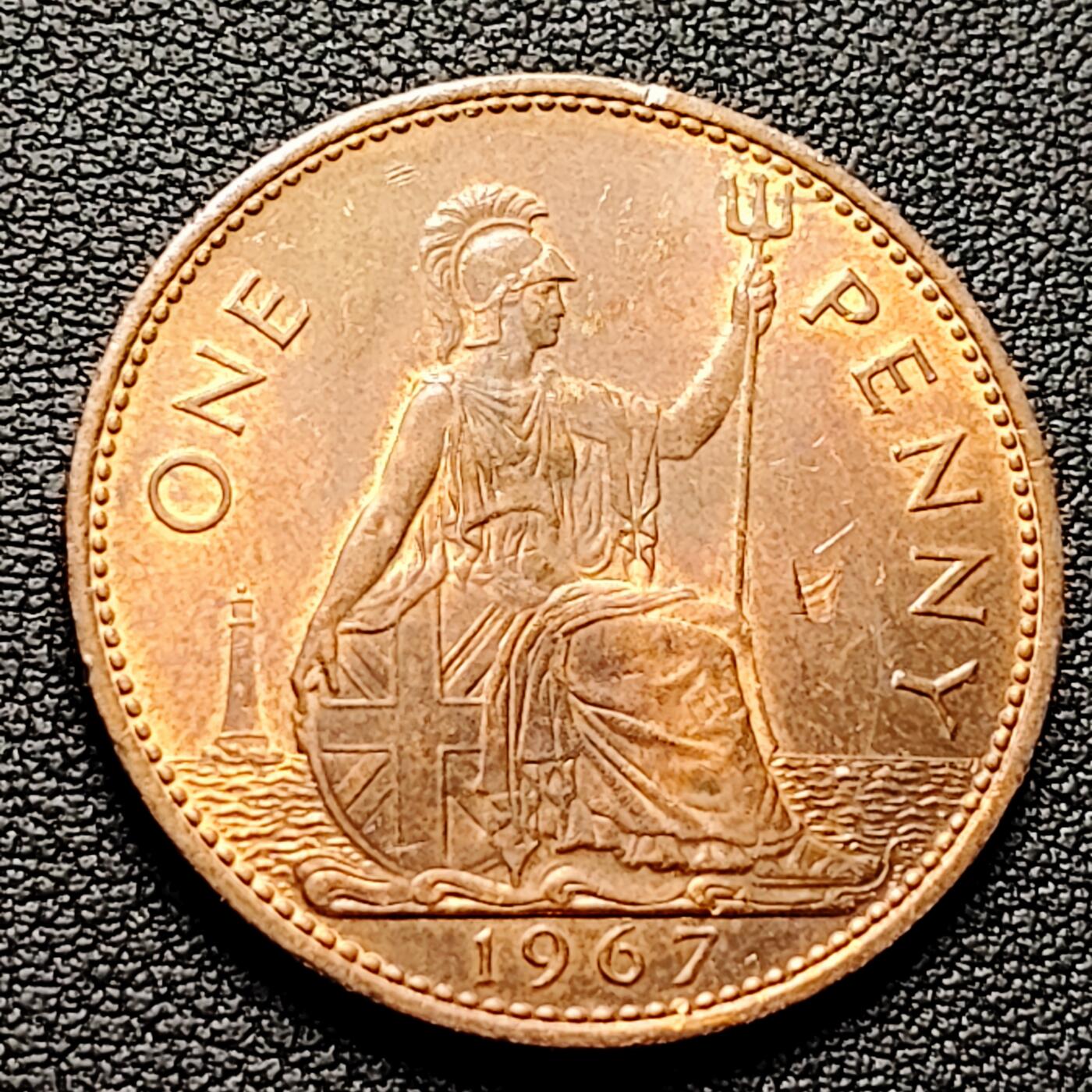 泉币菌-第226场-拍品多 请提前出价 铜光美品 英国1967年 1便士 大铜币 不列颠女神 伊丽莎白二世女王 31mm