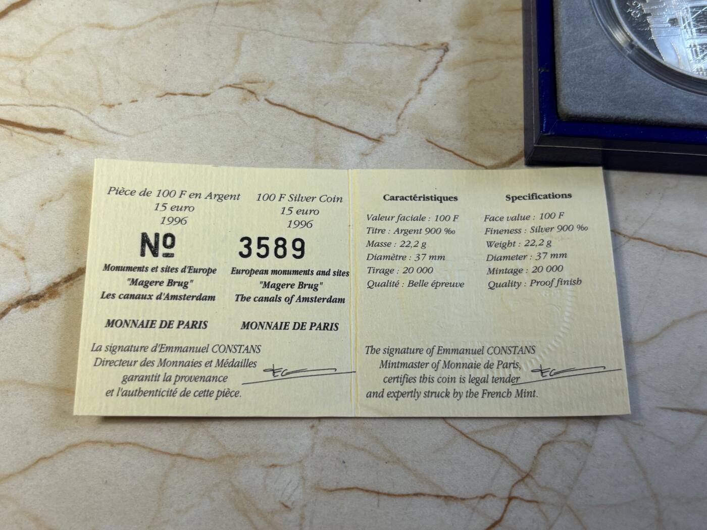 第197期拍卖 法国1996年100法郎/15欧元双面值精制银币 阿姆斯特丹运河(荷兰) 22.2克900银 发行量：2万 盒证全