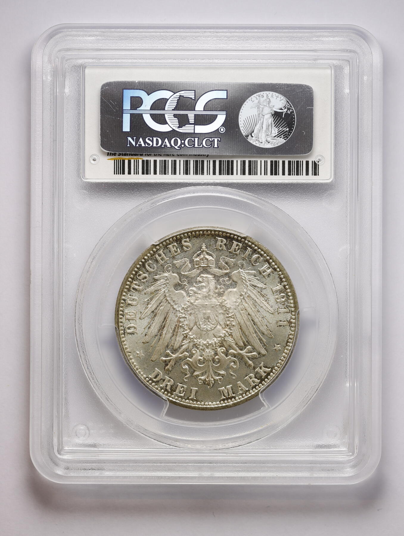 观钱 近现代机制币拍卖No.008（全场顺丰包邮，不区分偏远地区）  1911-D 德国巴伐利亚王国 利奥波德摄政王诞辰 90 周年纪念 3 马克银币 PCGS MS66 未流通状态底板完美、淡蓝包浆，肖像细节锐利，盒子保护圈有磕，介意勿拍