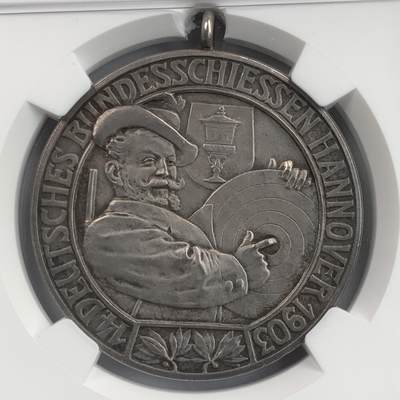 掌中浮雕-藏着的欧洲第058场 - NGC MS65 ：1903年德国汉诺威第14届德意志联邦射击节纪念银章，38mm