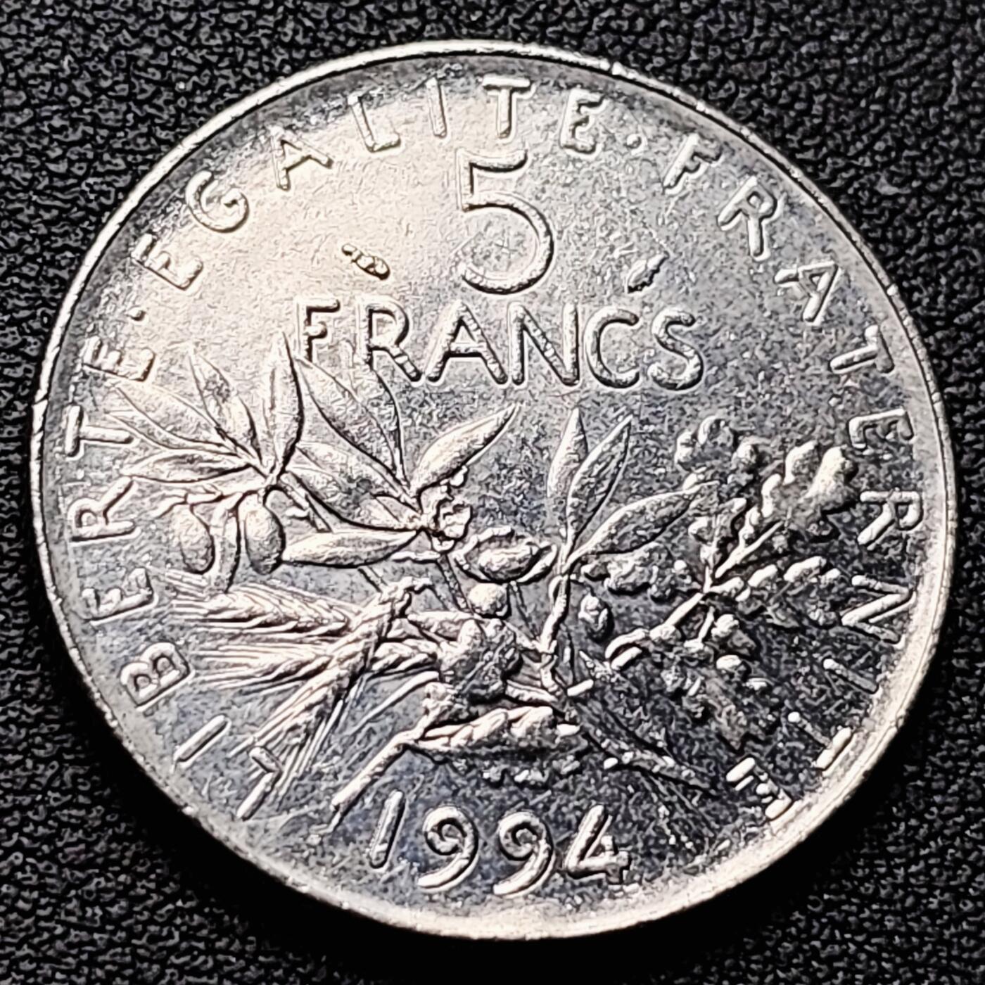 泉币菌-第226场-拍品多 请提前出价 法国早期（1994年）5法郎大镍币 29MM 播种女神 入欧前末版 绝版币