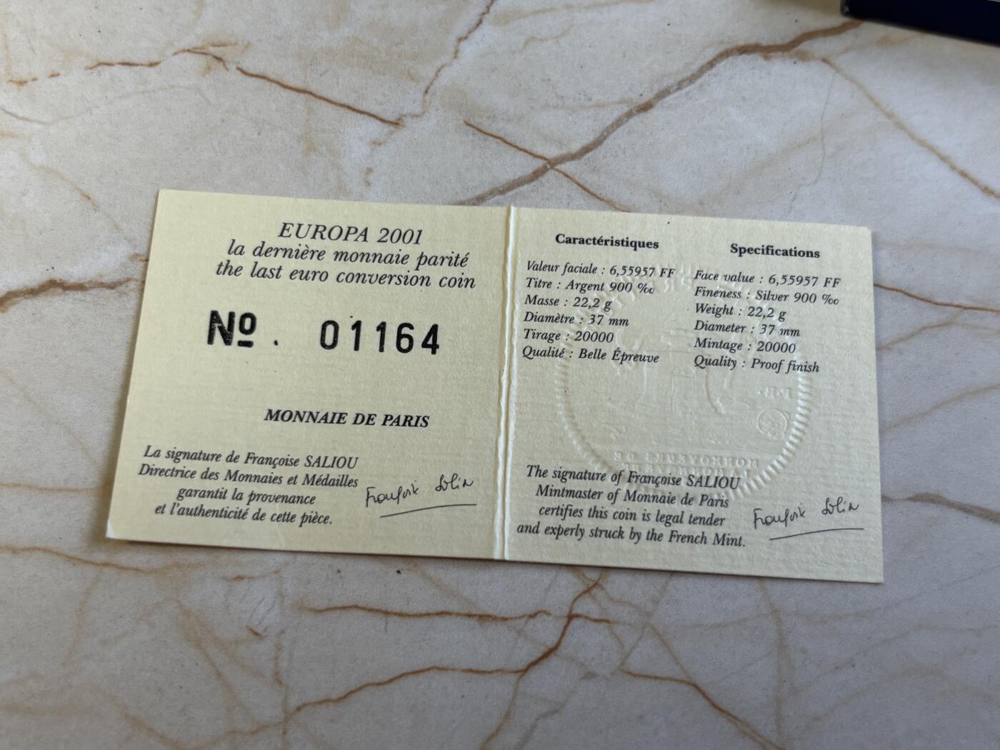 第197期拍卖 法国2001年6.55957法郎精制银币 欧元最后的转换率 22.2克900银 发行量：2万 盒证全