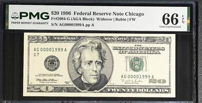 世界靓号纸钞第八十三期 - 1996年美国20美元 大头美元 超级靓号 千位号 倒置号1999号 年份号 PMG66