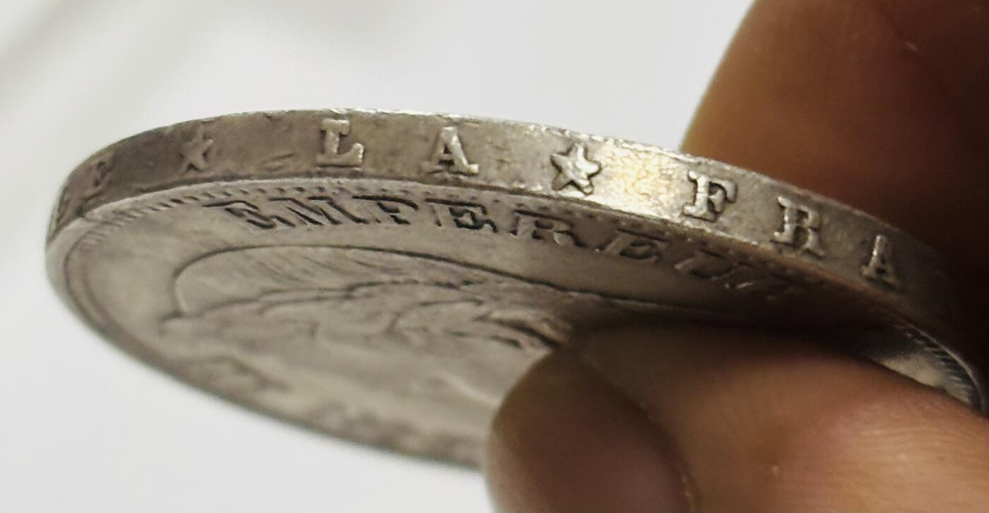 文馨钱币收藏第 300 场，银币，散币，小量德占比利时时期货币，长期接代拍业务 AU 级别 1869 年法国拿破仑三世 5 法郎大银币 第三版本 A 厂标 25 克 900 银，裸币这个品相算是非常不错的